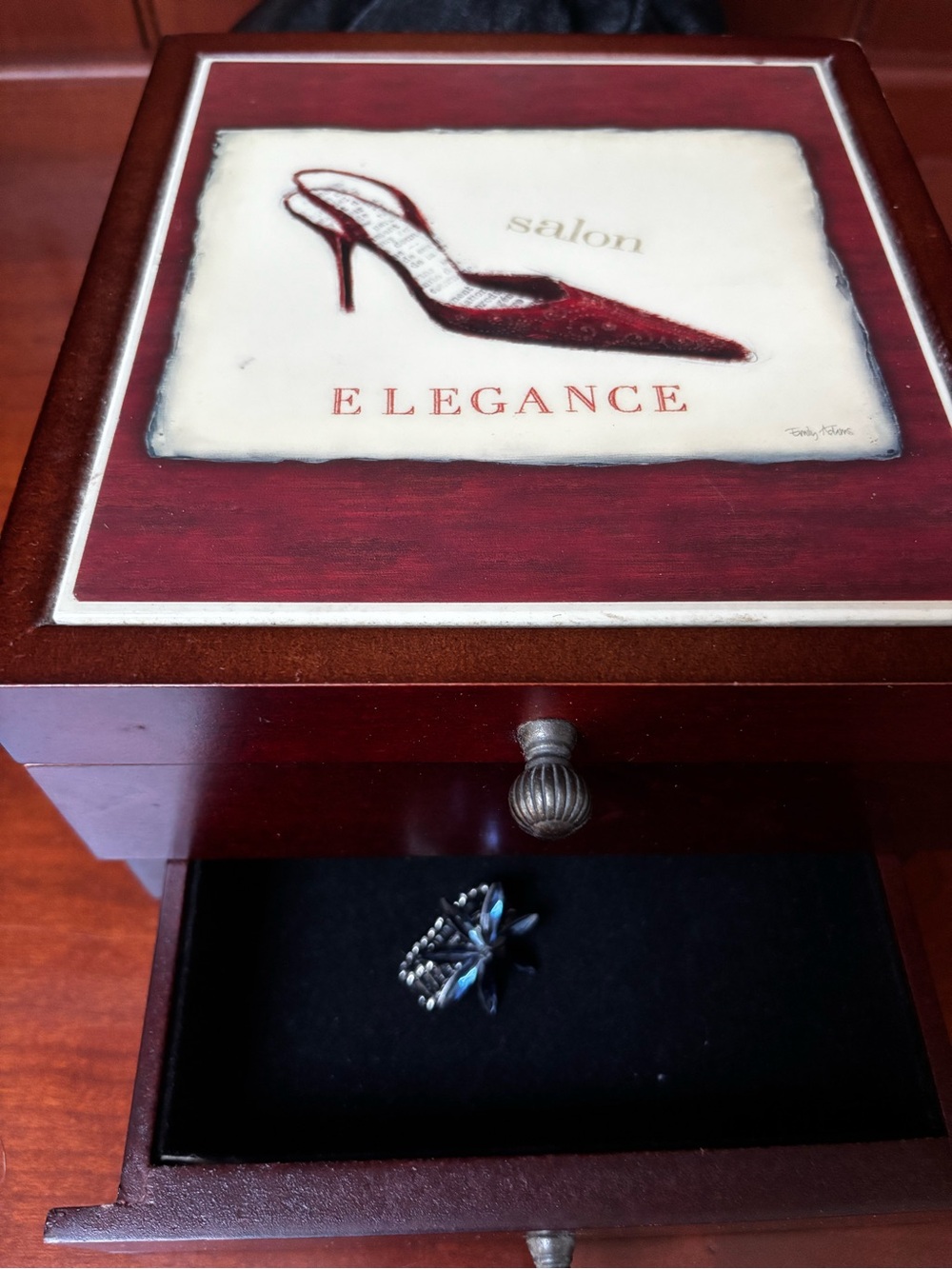 VTG Designer Wood Jewelry Box, Signed Art Plaque on Top, Hangers, Pouch, Ring